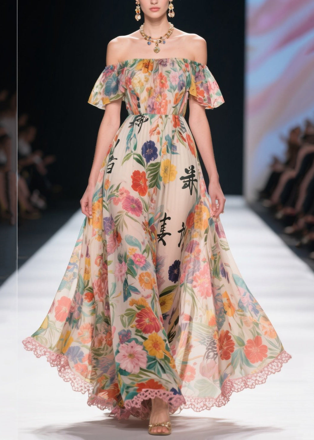 Khaki Cold Shoulder Print Chiffon Beach Dresses Summer