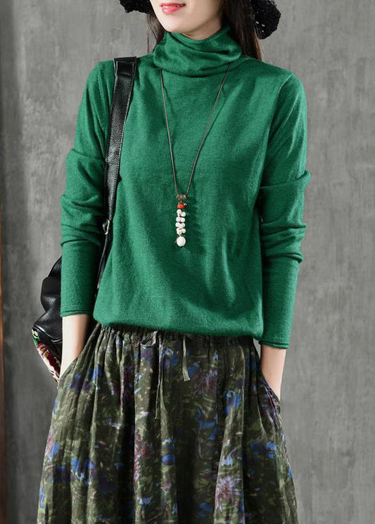 Green Turtleneck Patchwork Knitting Cotton Long Sleeve
