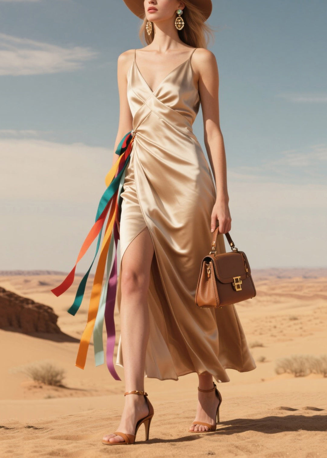 Coffee Side Open Multicolour Ribbon Silk Sundress Summer