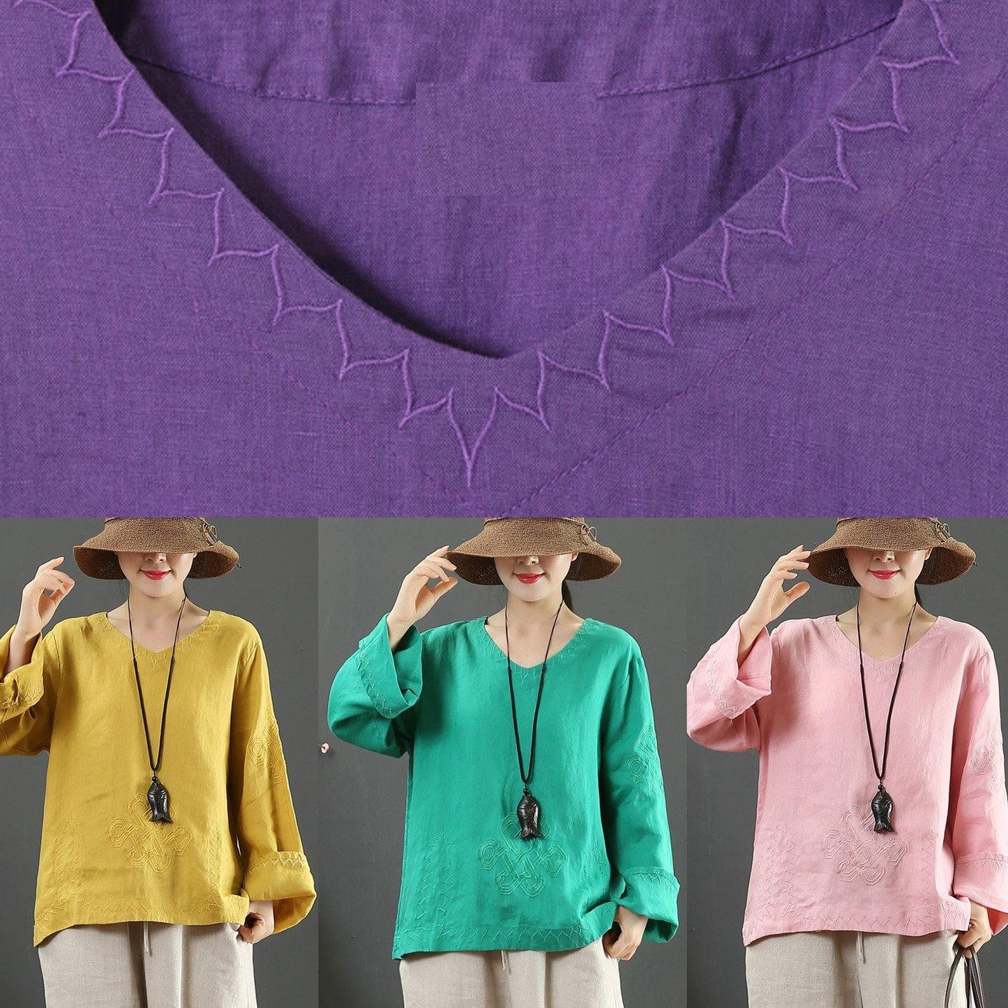 V Neck Embroidery Spring Tops Neckline Green Shirt