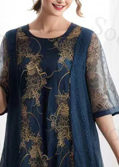 Handmade Royal Blue O-neck Print Silk Long Dress Summer