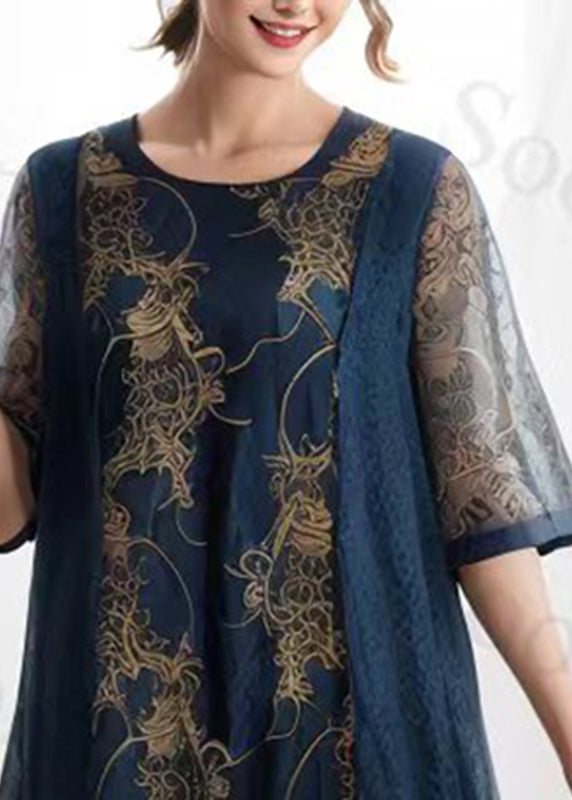 Handmade Royal Blue O-neck Print Silk Long Dress Summer