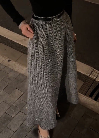 Grey Pockets High Waist Woolen Skirt Fall