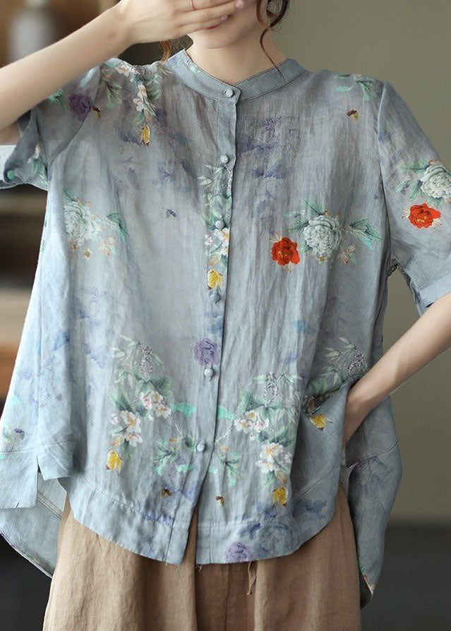 Pink Geometry Print Cotton Shirts Low High Design Short Sleeve