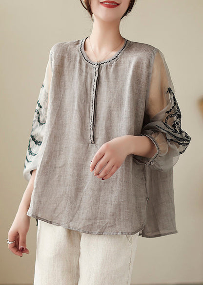 Simple Grey O-neck Embroideried Linen Top Spring