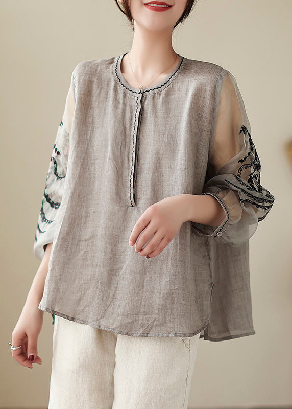 Simple Grey O-neck Embroideried Linen Top Spring