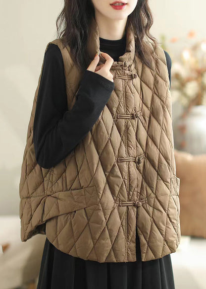 Coffee Button Pockets Patchwork Cotton Filled Waistcoat Sleeveless
