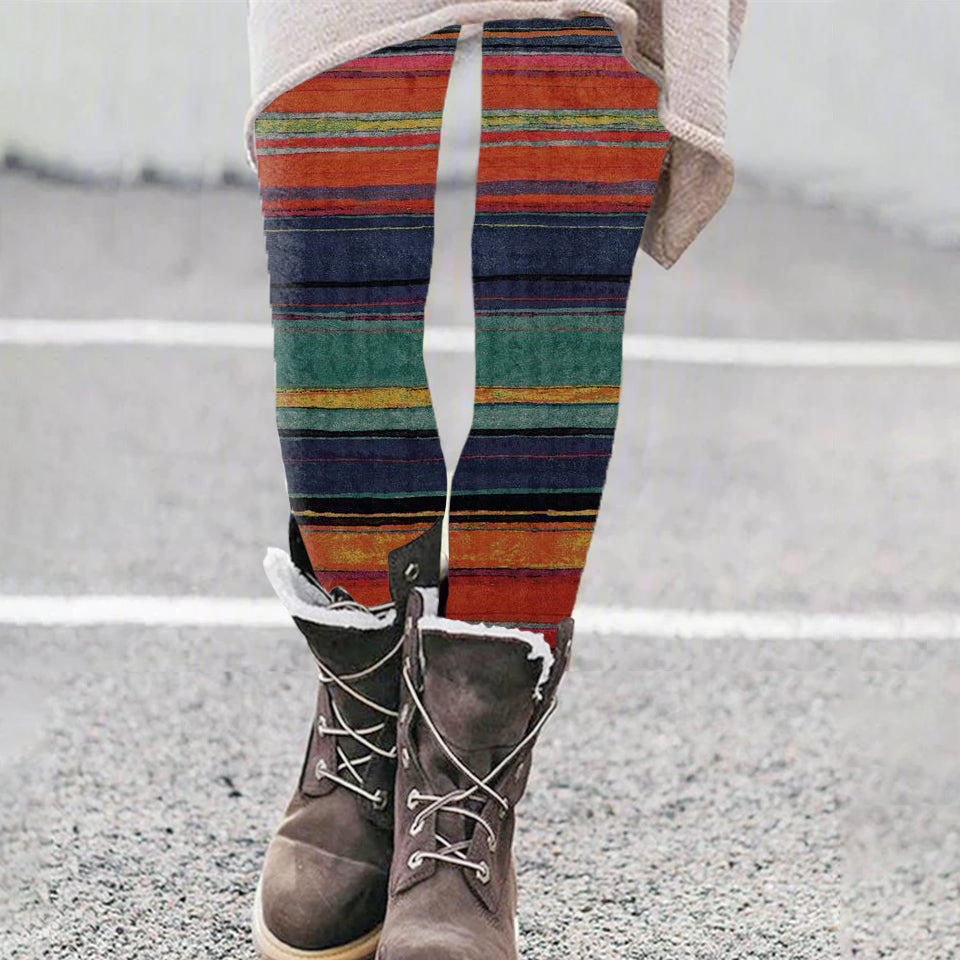 Vintage Geometric Rainbow Stripe Colorblock Patchwork Cozy Knit Leggings artswardrobe