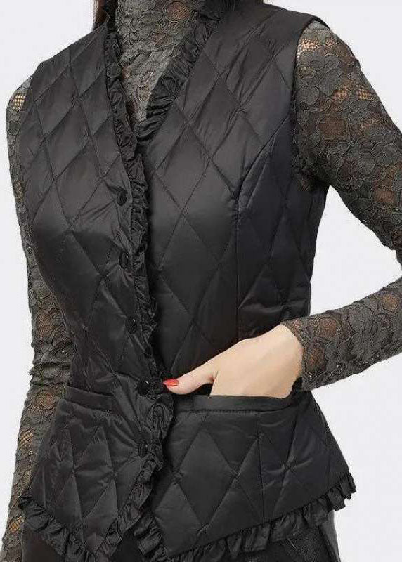 Black Button Ruffled V Neck Fine Cotton Filled Vest Spring