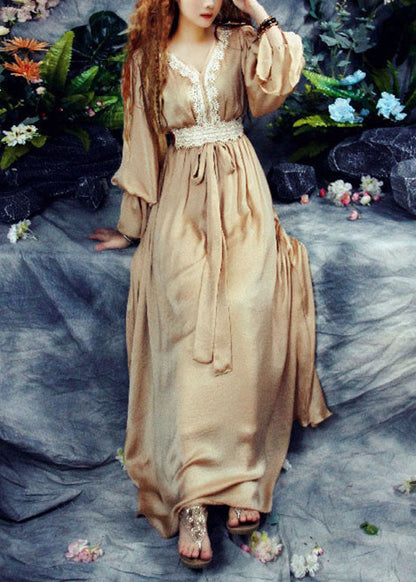 Khaki V Neck Lace Patchwork Exra Large Hem Silk Cinch Long Dress Spring