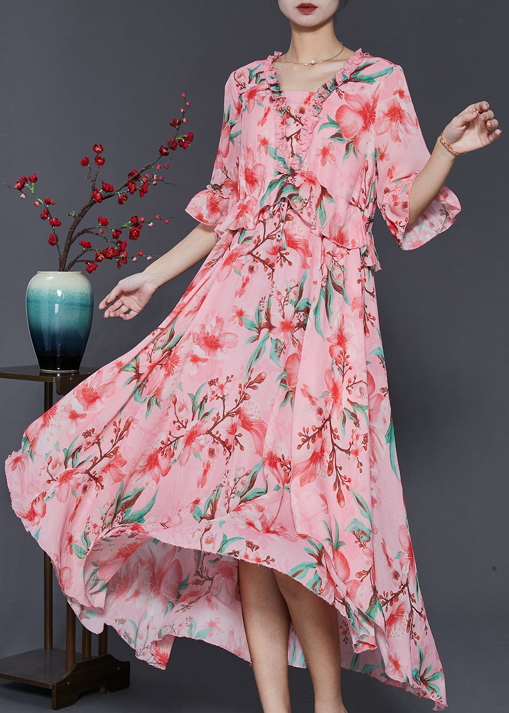 Pink Ruffled Print Exra Large Hem Chiffon Dresses Summer