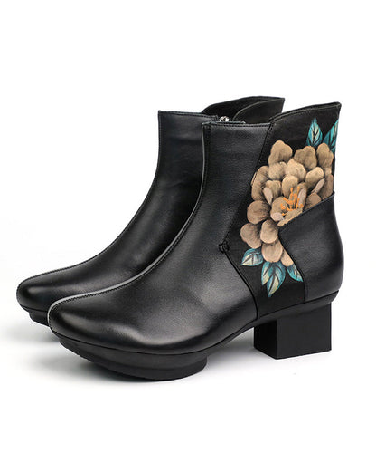 Black Boots Chunky Cowhide Leather Hand Drawn