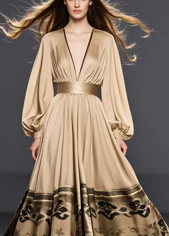 Golden Cinched Print Silk Maxi Dresses Fall