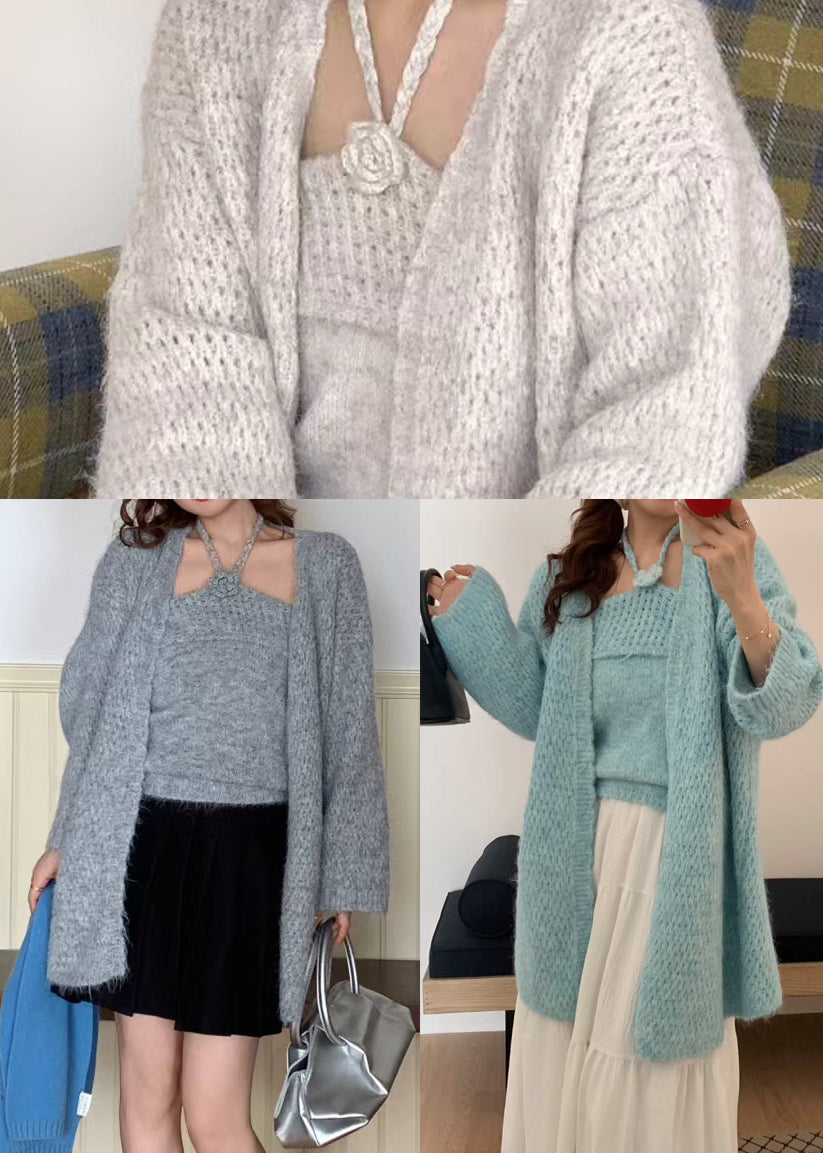 Blue Oversized Decorated Knit Two Pieces Set Winter