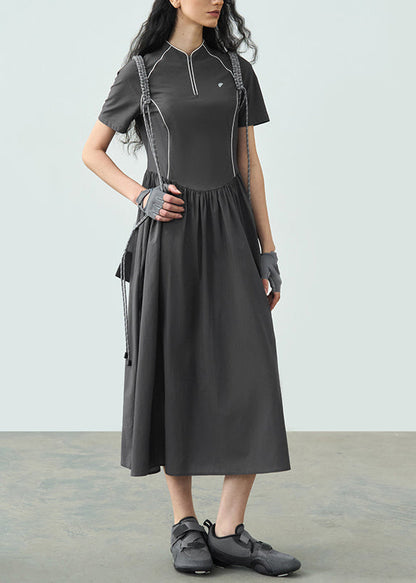 Summer Dark Grey Stand Collar Wrinkled Splicing Dress