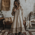 Vintage Traditional Embroidery Art Linen Maxi Long Dress artswardrobe