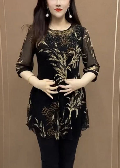 Yellow O Neck Print Patchwork Chiffon Shirt Top Bracelet Sleeve