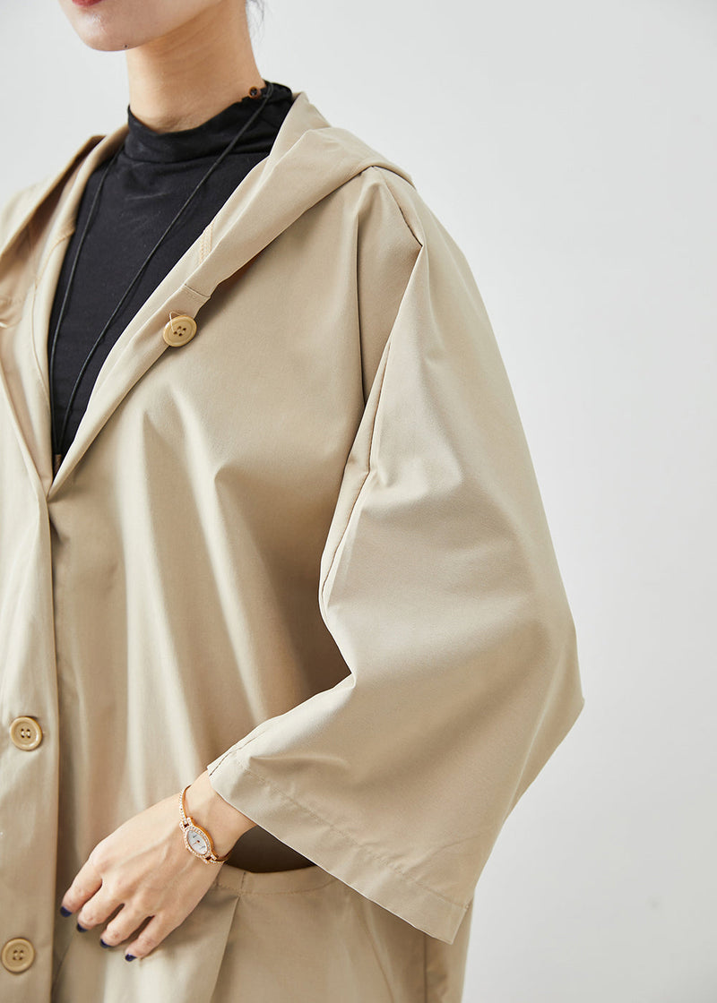 Beige Hooded Oversized Cotton Coats Batwing Sleeve