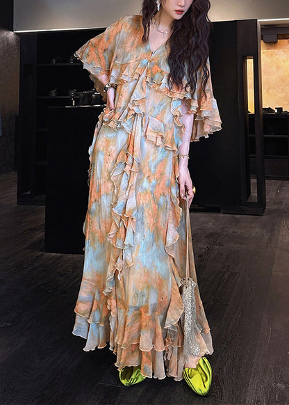 Green Tie Dye Ruffled Patchwork Silk Ankle Dress Summer