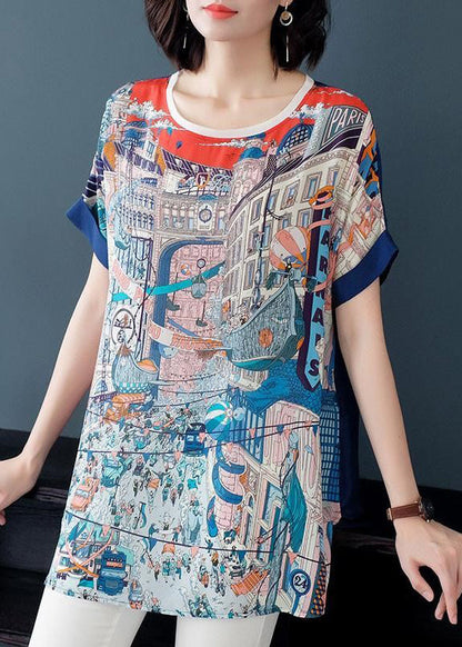 Blue O-neck Print Patchwork Chiffon Loose Tanks Short Sleeve