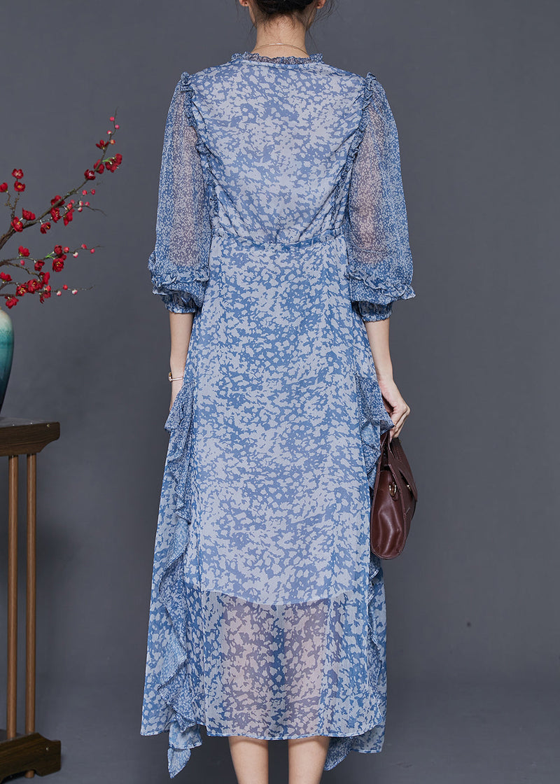 Blue Ruffled Patchwork Print Chiffon Cinched Dress Spring