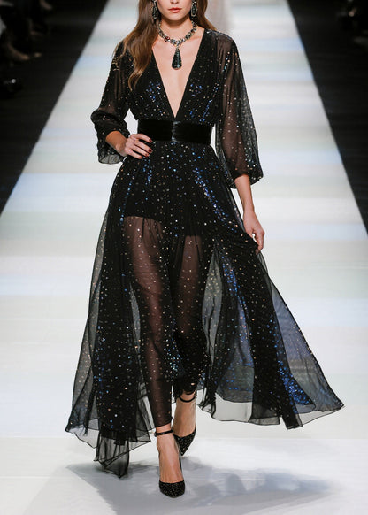 Black Sequins Tunic Tulle Sheer Dresses Summer