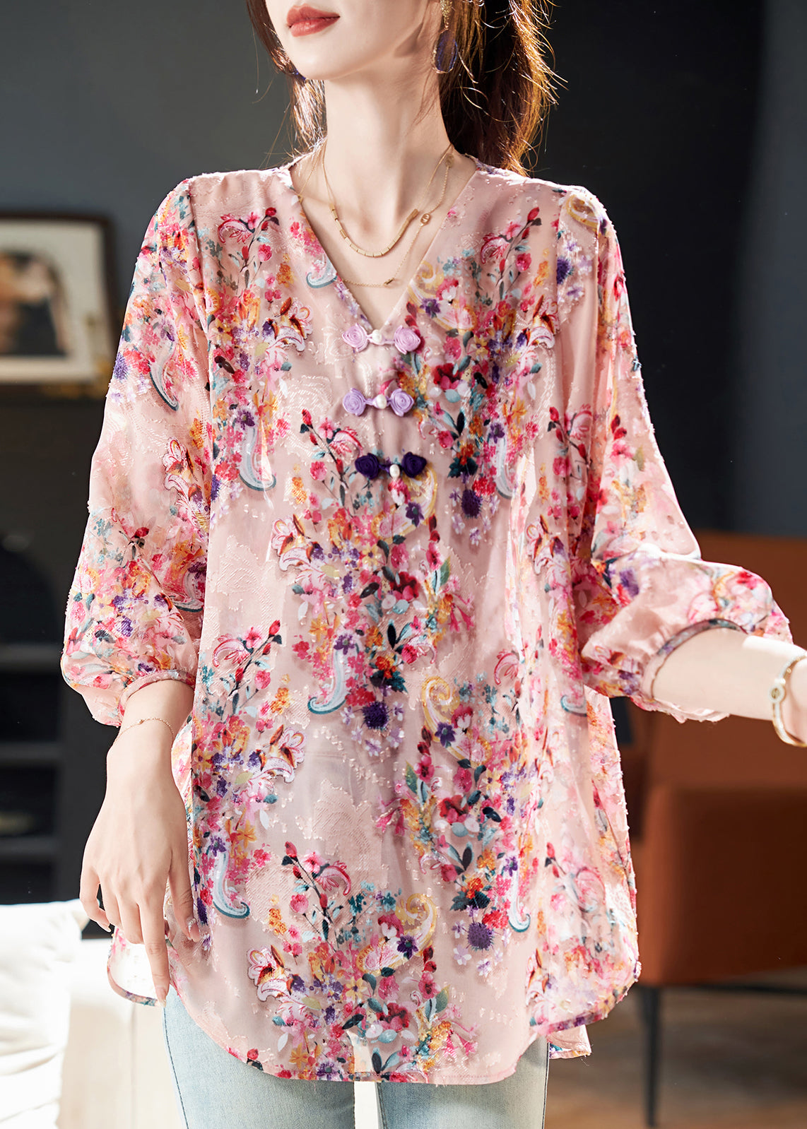 Pink V Neck Print Chiffon Blouse Tops Bracelet Sleeve