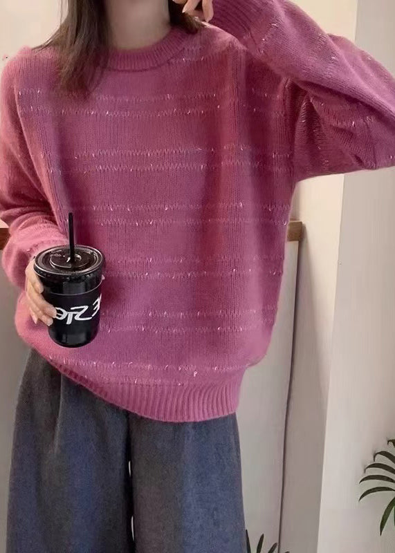 Dark Grey O-neck Striped Wool Knit Sweater Fall