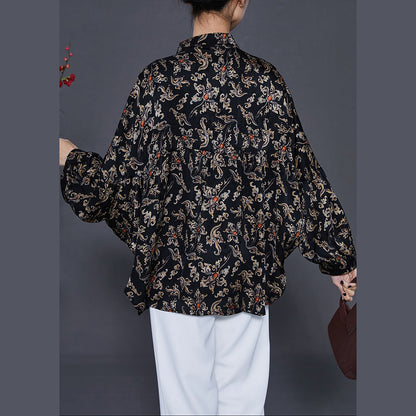 Black Print Chiffon Blouses Peter Pan Collar Summer