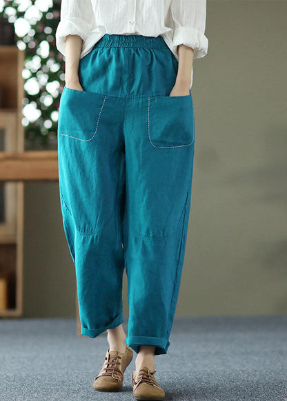 Peacock Blue Elastic Waist Patchwork Linen Harem Pants Summer