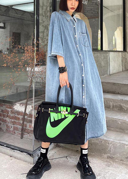 Diy Blue Hollow Out Cotton Pockets Button Summer Maxi Dresses
