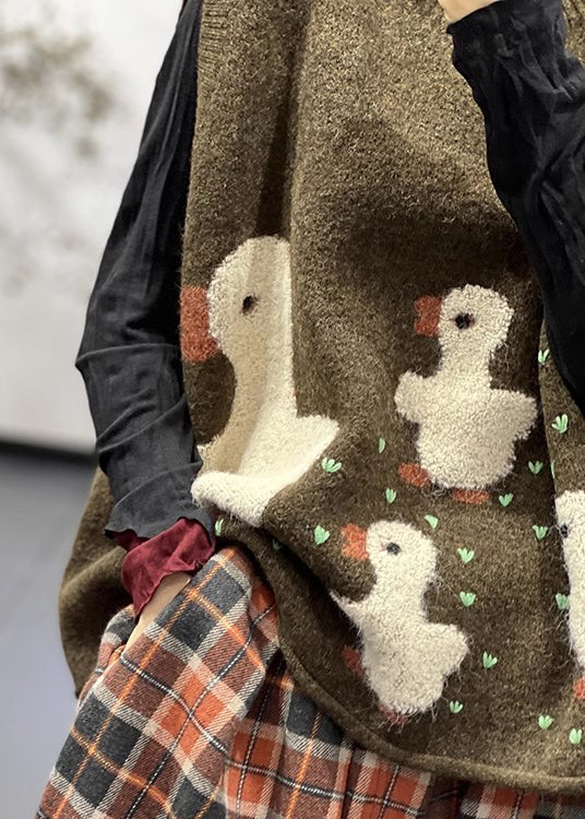 Jacquard Chocolate O-neck Cozy Cotton Knit Waistcoat Sleeveless