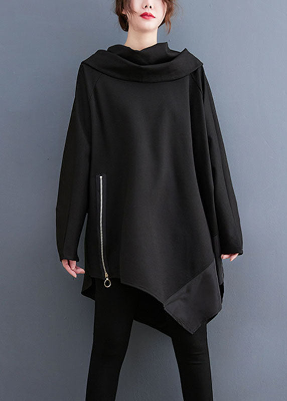 Black Turtle Neck Asymmetrical Patchwork Sweatshirts Fall