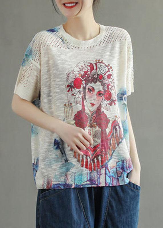 Italian White O-neck Print Summer Hollow Out Short Sleeve
