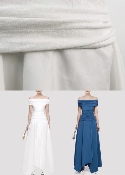 Blue Wrinkled Cotton Knit Summer Long Dresses Slash Neck