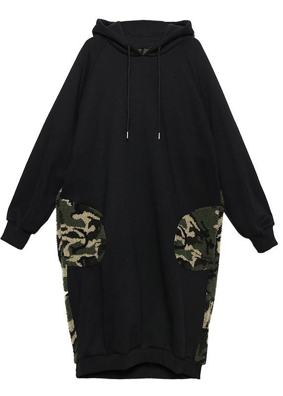Classy Hooded Pockets Spring Clothes for Neckline Black Robe Dresses