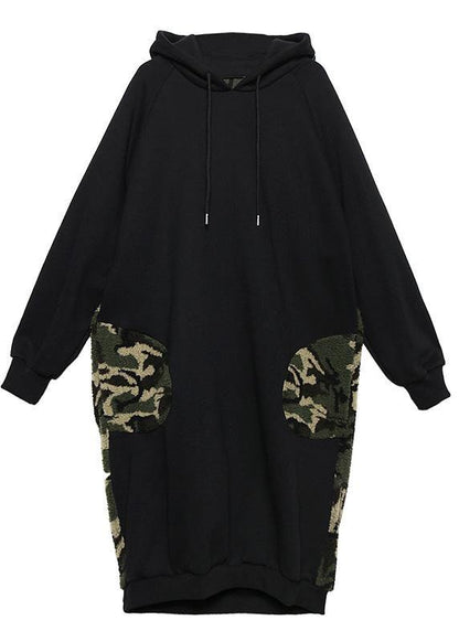 Classy Hooded Pockets Spring Clothes for Neckline Black Robe Dresses
