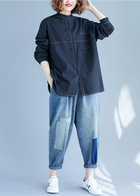 French Black Turn-down Collar Button Shirts