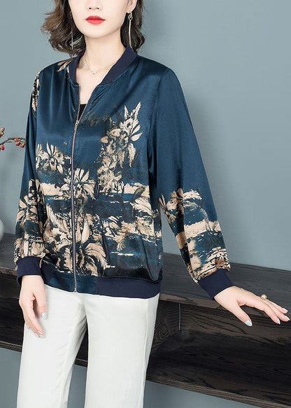Navy Stand Collar Zip Up Print Silk Coat Outwear Fall