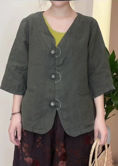 Original Design Blackish Green V Neck Button Linen Shirt Top Half Sleeve