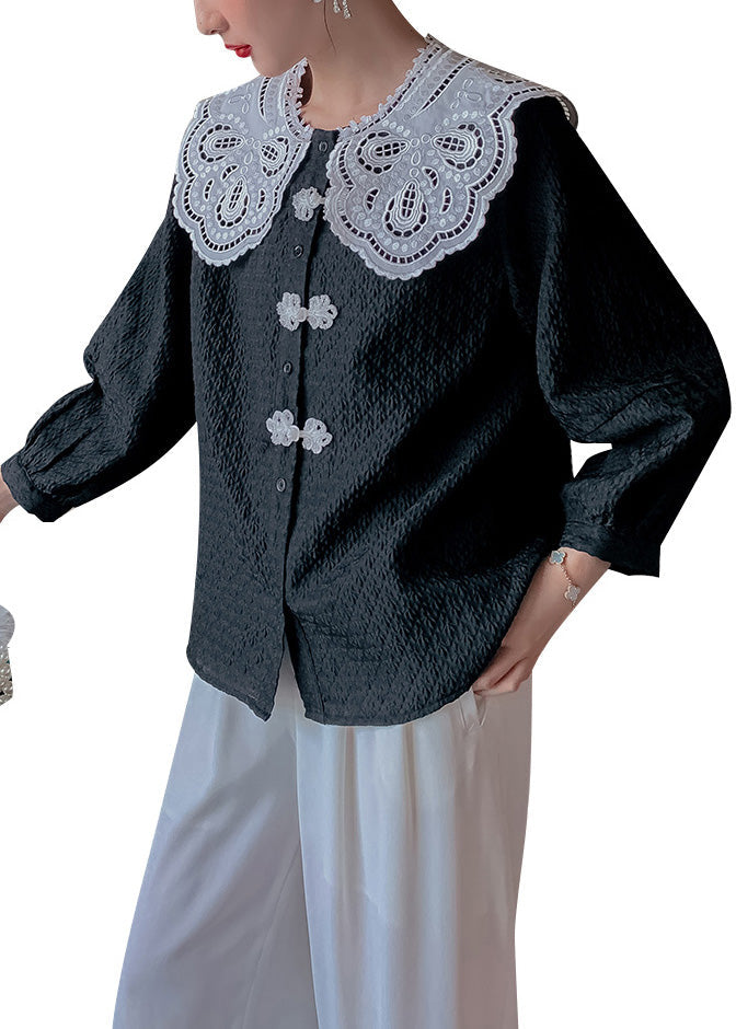 Black Peter Pan Collar Print Button Shirts Long Sleeve