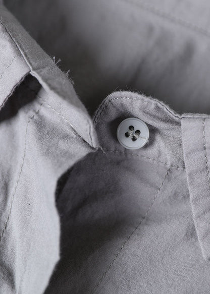 Grey Oversized Pockets Color Cotton Shirts Short Sleeve