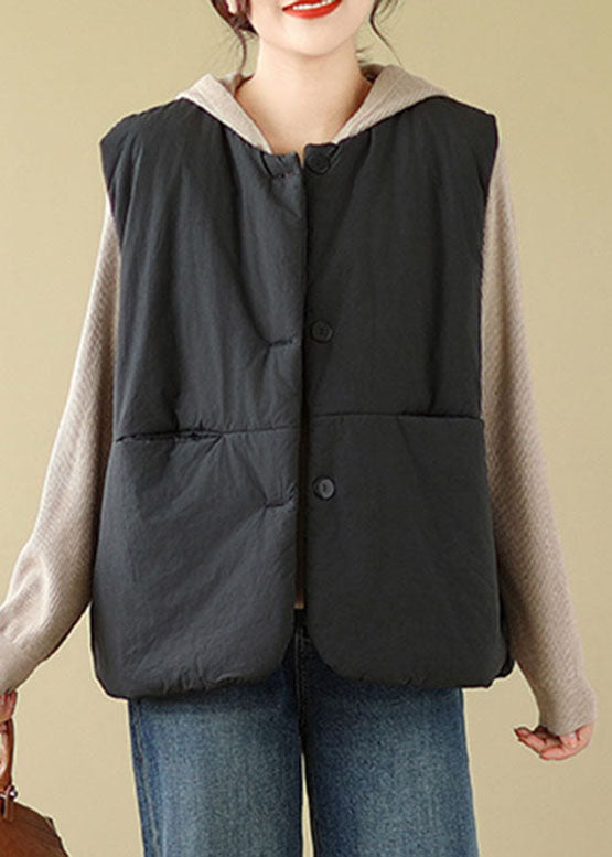 Black Pockets Patchwork Button Hooded Jacket Waistcoat Winter