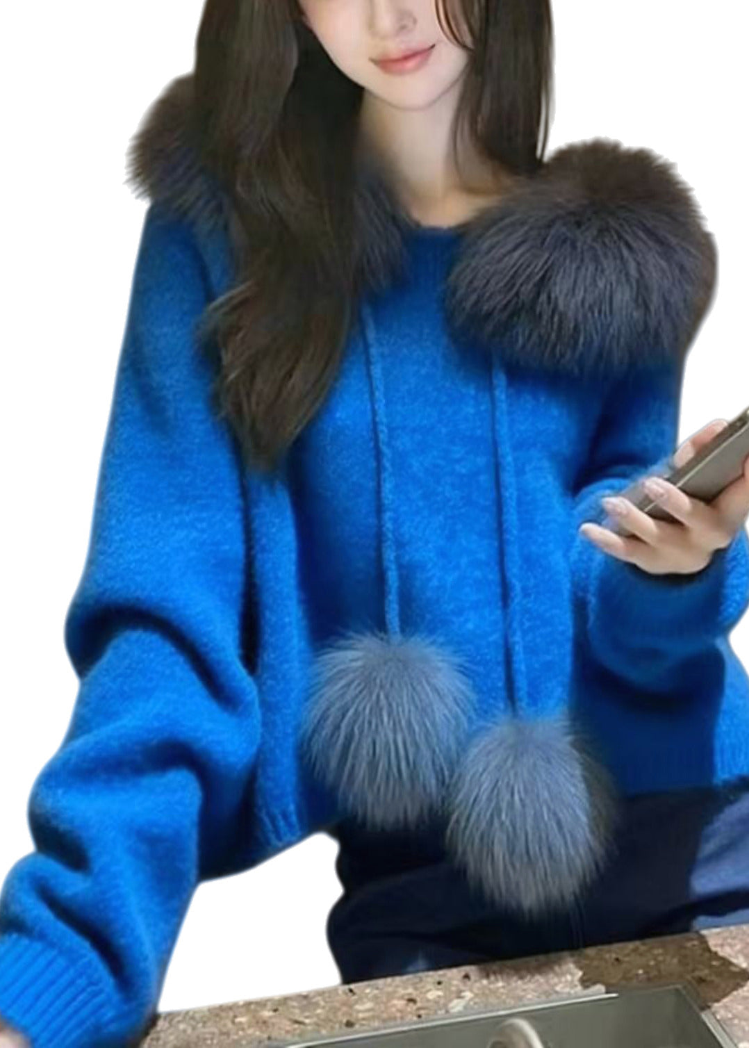 Blue Oversized Patchwork Fuzzy Ball Decorated Knit Pullover Spring