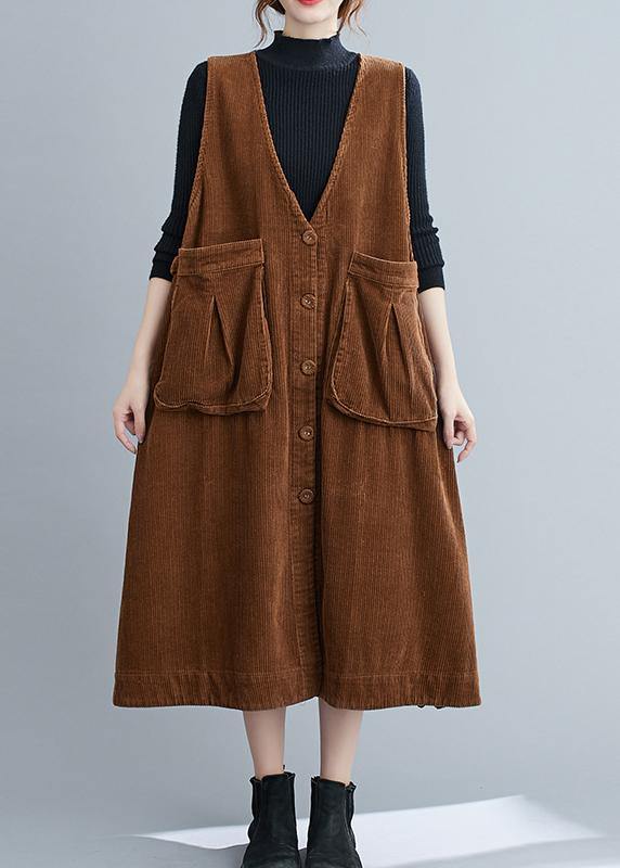 Unique V Neck Sleeveless Cotton Spring Dresses Lnspiration Brown Robe Dress