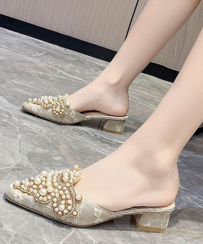 Beige Pointed Toe Pearls Chunky Thong Sandals