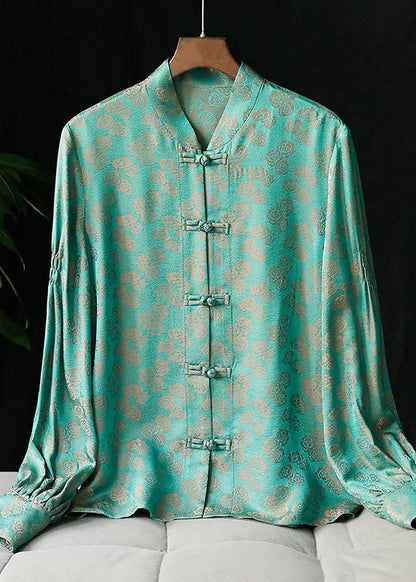 Peacock Green Mandarin Collar Button Jacquard Shirt Tops Long Sleeve Spring