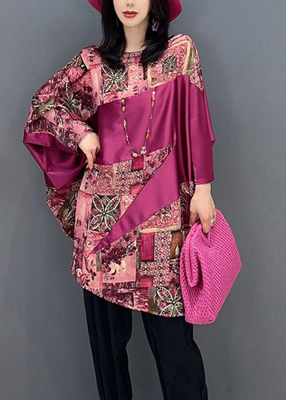 Red O-neck Print Patchwork Top Batwing Sleeve