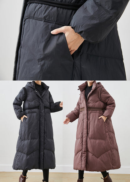 Black Cinched Big Pockets Duck Down Down Coat Winter