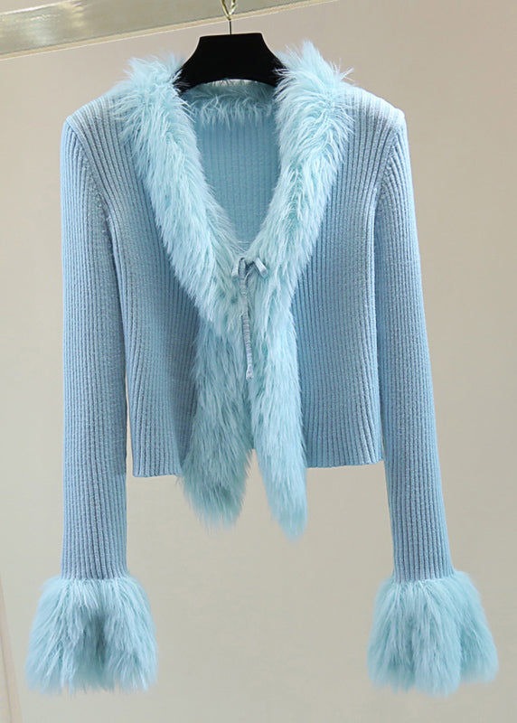 Blue Fur Collar Patchwor Cotton Knit Sweater Winter